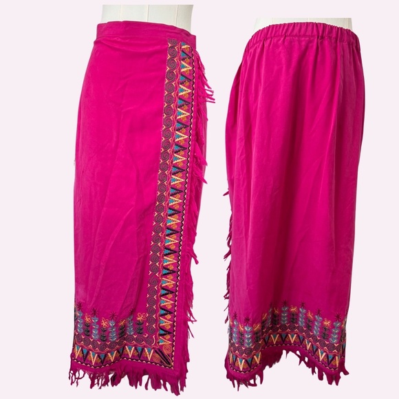 Vintage AugustMaxWoman Hot Pink Embroidered Fringe 100% Silk Wrap Maxi Skirt 18 - Picture 1 of 5